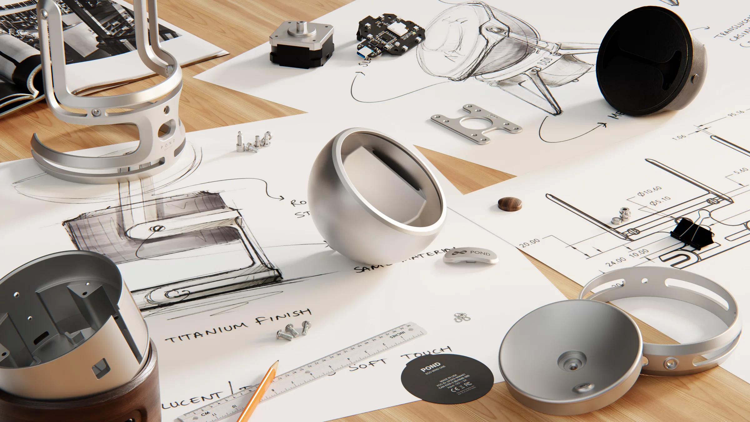 POND watch winder sketches and machined parts arranged on a design workbench